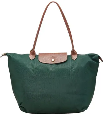 Longchamp Le Pliage Brown Green Nylon Leather Shoulder Bag Tote Bag (Pre-Owned)
