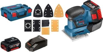 Bosch Levigatrice vibrante bosch gss 18V-10 - 2 batterie 18V 5.0Ah, caricabatterie e valigetta + 3 fogli abrasivi e 3 piastre - 06019D0201