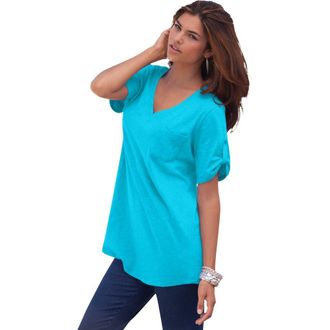 Roaman's Plus Size Slub V-Neck Boyfriend Tunic Top in Ocean at Nordstrom, Size Medium