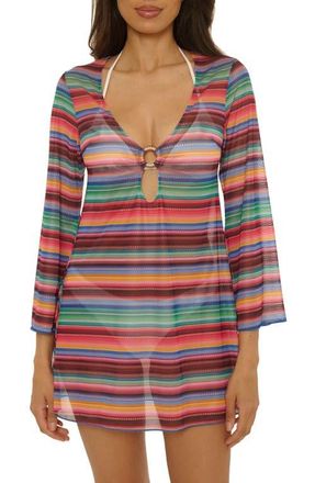 BECCA by Rebecca Virtue Vallarta Long Sleeve Sheer Mesh Cover-Up Tunic in Red Multi Stripe at Nordstrom, Size Medium