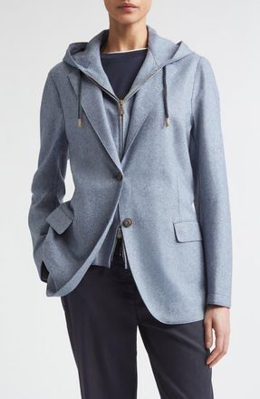 Eleventy Wool Blend Flannel Blazer with Removable Hooded Bib in 166 Arctic at Nordstrom, Size 10 Us
