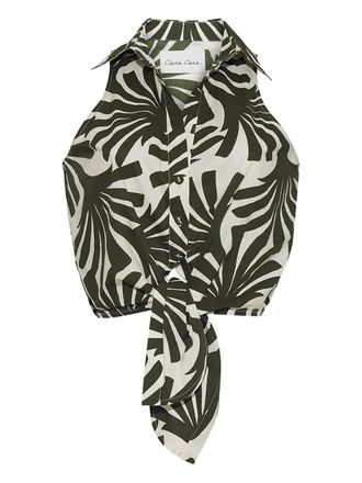 Cara Cara leafs-print tie-front shirt - women - Cotton - S - Green