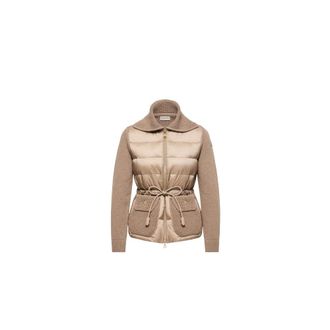 Moncler Truien & Vesten, Dames, Beige, M, Wol, Gewatteerde Cardigan met Trekkoord Taille