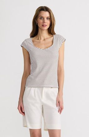 Lands End Pointelle Cap Sleeve Top in White/coriander Easy Stripe at Nordstrom, Size X-Small
