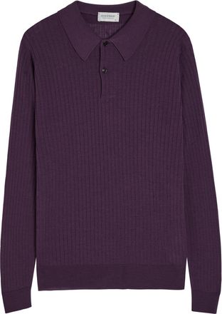 John Smedley Hodson Ribbed Merino Wool Polo Shirt - Dark Purple - XL