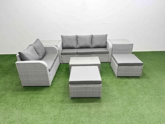 Fimous 7 Seater PE Rattan Wicker Garden Furniture Patio Conservatory Sofa Set w/ Rectangular Coffee Table 3 Seater Sofa Love Sofa 2 Big Footstool 2