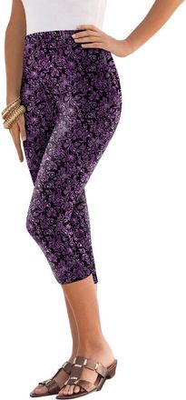 Roaman's Plus Size Essential Stretch Capri Legging in Black Purple Batik at Nordstrom, Size 28
