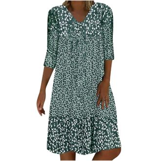 Generic 3/4 Sleeve Floral Printed Dress for Women 2026 Summer Casual V Neck Loose Floral Knee Length Boho Beach Midi Dresses Green