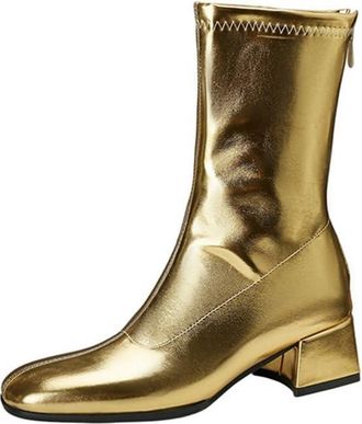 Generic Womens Metallic Ankle Boots Square Toe Block Heels Zip Up Soft Lining Cushioned Insole Comfortable Non Slip Durable Evening Party Casual Shoes,Gold,4.