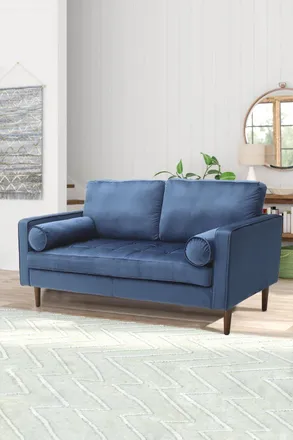 Living and Home 2-Seat Blue Velvet Sofa with Bolster Pillows