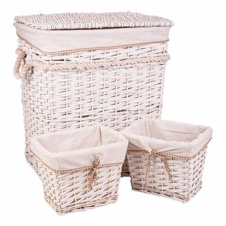 Wanderlust Deco Wanderlust Deco - Set Cesto De Ropa Y Dos Cestos De Mimbre Forrados Blancos