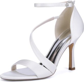 Generic Womens High Heels Wedding Bridal Shoes Satin Stilettos Sandals Comfortable Casual Dress Pumps Shoes 9.5Cm,White,10 UK