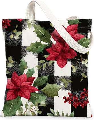 Generic Floral Canvas Tote Bag, Stylish Poinsettia Pattern Reusable Grocery Bags, Vintage Plaid Lightweight Washable Shoulder Strap Canvas Bags for Outdoor Tr