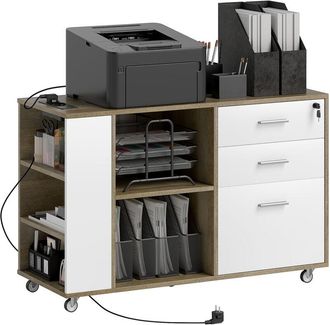 HOMCOM cajonera de oficina con ruedas 3 cajones cajonera para escritorio con estación de carga cerradura y estantes 100x40x65,5 cm marrón grisáceo