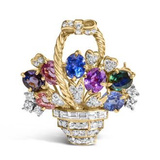 House of Brilliance 18K Yellow Gold 1 1/10 Cttw Diamond and Mixed Gemstone Floral Bouquet Pendant and Brooch Pin
