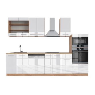 Vicco Mueble De Cocina Fame-line, Blanco Brillo Intenso/roble Dorado, 300 Cm Con Armario Alto, Et Roble