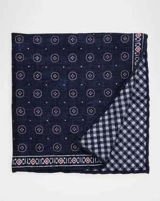 Brunello Cucinelli Mens Double-Face Geometric-Check Silk Pocket Square