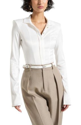 Mani&egrave;re De Voir Louise Wide Shoulder Satin Shirt Bodysuit in Off White at Nordstrom, Size 8