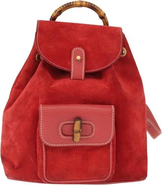 Gucci Vintage Bamboo Backpack Suede Red Suede Backpack Bag (Pre-Owned)