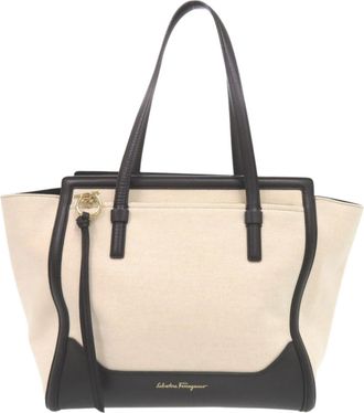 Ferragamo Black Ivory Leather Canvas Tote Bag (Pre-Owned)