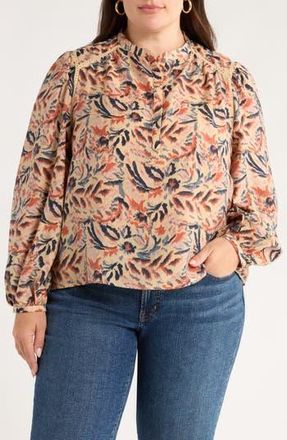 Caslon Embroidered Inset Top in Tan- Navy Ikat Blossom at Nordstrom Rack, Size 1X