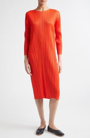 Pleats Please Issey Miyake Monthly Colors February Pleated Long Sleeve Midi Dress in Red at Nordstrom, Size 2