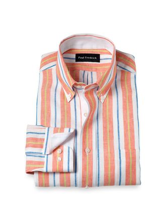 Paul Fredrick Non-iron Linen Stripe Dress Shirt With Contrast Trim