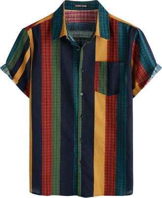 PARKLEES Mens Linen 70s Hippie Style Floral Print Shirt Short Sleeve Button Down Hawaiian Shirts Colorful Stripe XXX-Large