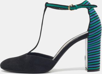 Ferragamo Black/blue Suede And Leather Fergie T-Strap Pumps