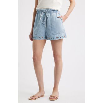 Rails Foster Paperbag Denim Shorts in Faded Indigo Floral Embroidery at Nordstrom, Size Xx-Small