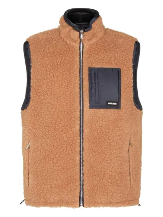 Miu Miu teddy down vest with technical pong&eacute; - women - Recycled Polyester/Virgin Wool/Recycled Polyester/Goose Down/Goose Feather - 40 - Brown