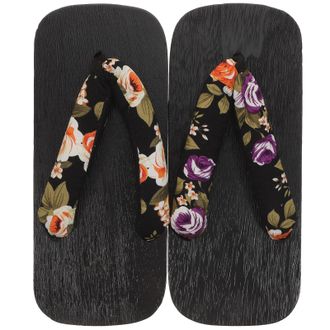 Kesyoo Japanese Summer Wooden Clogs Unisex Two-Tooth Platform Sandals Black Floral Pattern Slippers Size 38 Suitable for UK 3.5 EU 36.5 with Lightweight Brea