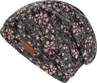 Chillouts Beanie CHILLOUTS Linz Hat, Damen, dunkelgrau, Baumwollmischung, M&uuml;tzen Beanie, Feminine Beanie mit verspieltem Bl&uuml;tenprint
