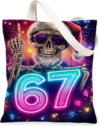 Generic Skeleton Canvas Tote Bags, Colorful Holiday Design Reusable Grocery Bags, Winter Lightweight Washable Shoulder Strap Canvas, Colorful, 13x15 Inch