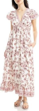 Max Studio Floral Flutter Sleeve Maxi Dress in Ecru/red Blooming Branch Toile at Nordstrom Rack, Size X-Small