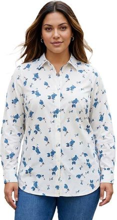 Roaman's Plus Size Kate Long Sleeve Easy Cotton Blend Button Front Shirt in White Pretty Floral at Nordstrom, Size 38