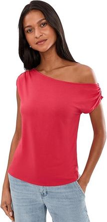 Liverpool L.A. Petite Short Sleeve Asymmetric Off-Shoulder Knit Top Womens Clothing Cherry Rose : PXS, Elastane/Viscose