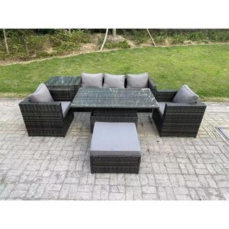 Fimous Fimous Outdoor Rattan Garden Furniture Sofa Set Adjustable Rising Lifting Dining Table Set with Side Table 2 Armchairs Big Footstool Dark Grey Mixed