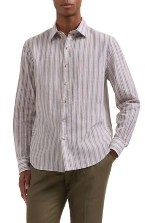 Bugatchi Julian Shaped Fit Stripe Cotton & Linen Button-Up Shirt in Camel at Nordstrom, Size Xxx-Large