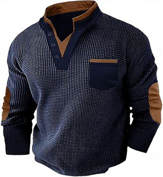 Generic Mens Waffle Ribbed Casual Vintage Sweatshirt Mock Collar V-Neck Thermal Long Sleeve Patched Elbow Shoulder Soft Jumpers Standing Collar Pullover Work 