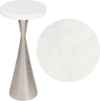Jonathan Y Designs Ziggy 22 Contemporary Designer Metal Drink Table and Decorative End Table with White Marble Round Top and Cone Pedestal Base in Antique