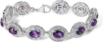 House of Brilliance Sterling Silver 5x7 MM Oval Purple Amethyst & Diamond Halo Link Bracelet