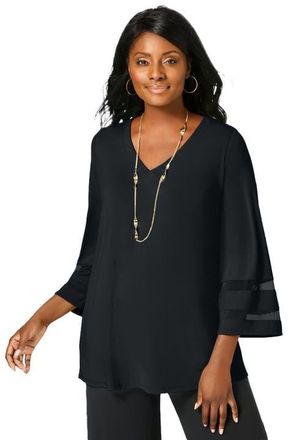 Jessica London Stretch Knit Mesh Inset Sleeve Tunic in Black at Nordstrom, Size 12