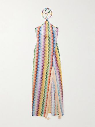 Missoni Abito Maxi In Maglia Crochet A Righe Con Scollo Allamericana E Frange - Multicolore