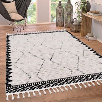 Paco Home Paco Home - Alfombra Salon De Habitacion Pelo Corto Motivo Etnica Dibujo Rombo 3d Flecos &Oslash; 120 Cm Redon, Negro 2