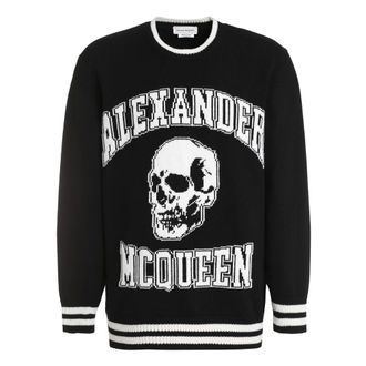 Alexander McQueen Alexander McQueen, Round-neck Knitwear, male, Black, Size: XS Logo Intarsia Wool Cashmere Sweater