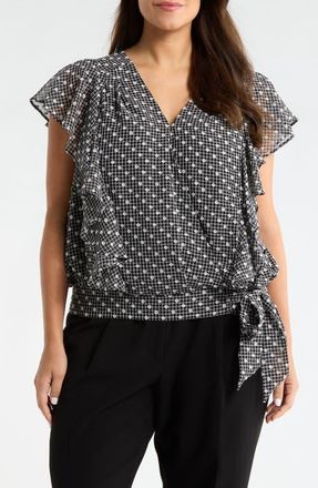Liverpool Plaid Swiss Dot Flutter Sleeve Ruffle Top in Black/White Plaid at Nordstrom, Size 1X