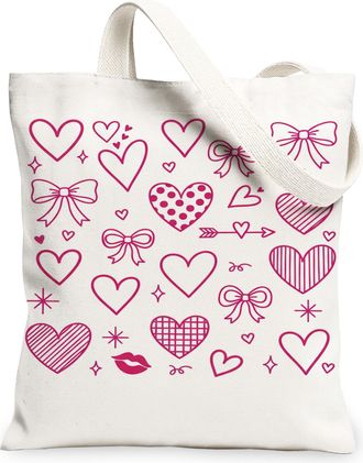 Generic Cute Hearts Canvas Tote Bags, Playful Bow Pattern Reusable Grocery Bags, Lightweight Washable Shoulder Strap Canvas for Sho, White, 13x15 Inch