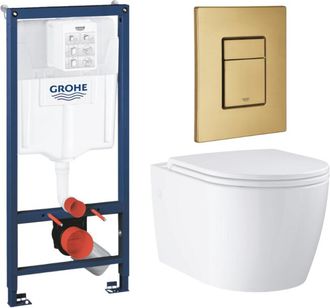 GROHE Pack Wc Suspendido Grohe Sin Brida Y Carenado + Asiento Start + Bastidor Para Pared Maciza + Placa De Accionamiento Cool Sunrise