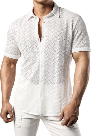 JOGAL Mens Floral Lace Shirt See Through Short Sleeve Casual Button Down Shirts WhiteWave XX-Large